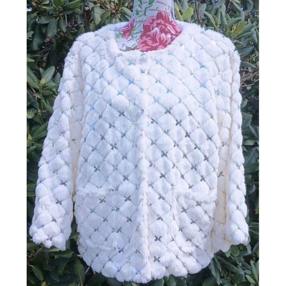 Y2K White Faux Fur Bling Large Women Snap Cardigan Lined Jacket Boho Teacher